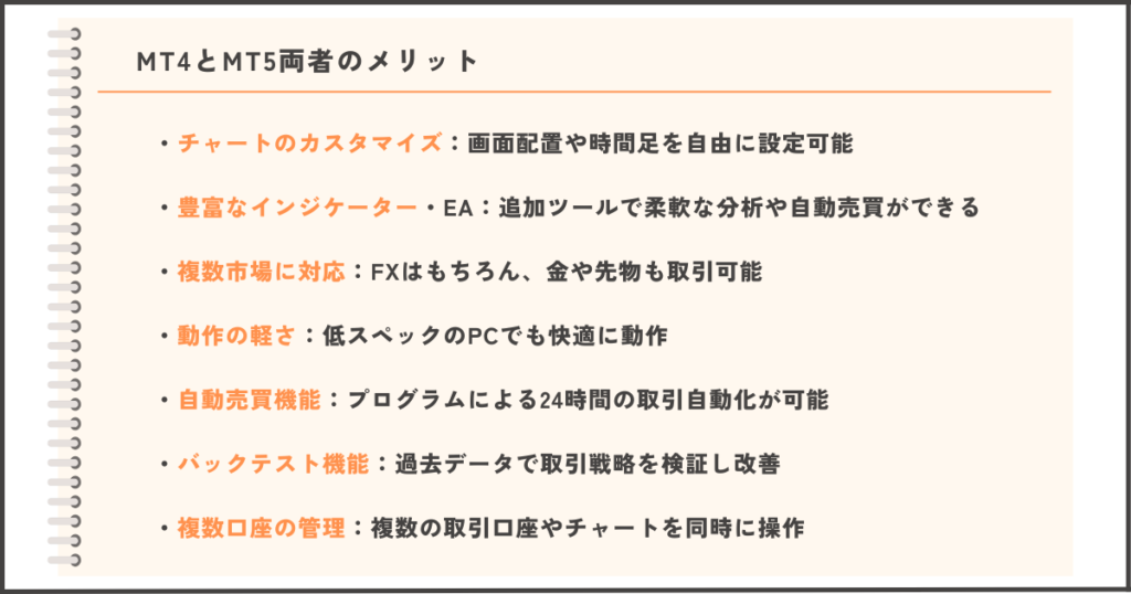 MT4とMT5の両者のメリット比較：カスタマイズ性や自動売買機能