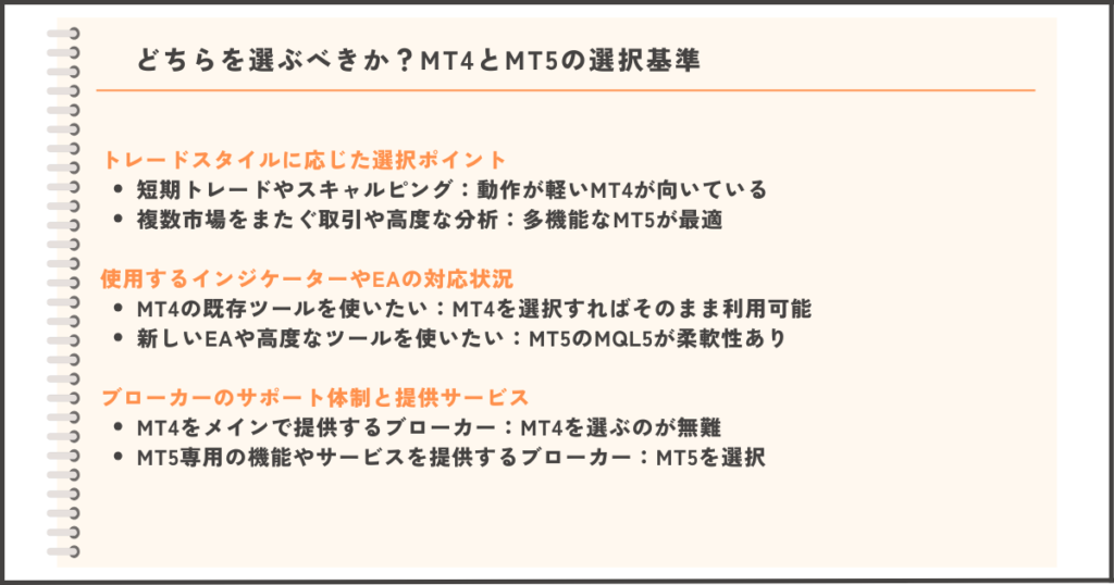 T4とMT5の選び方：トレードスタイルや対応ツールの選択ポイント