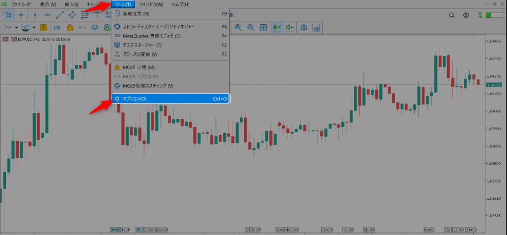 MT5のツールメニューからオプションを選択する手順（チャートの最大バー数を減らす設定のステップ1）