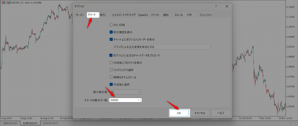 MT5のオプションウィンドウでチャートの最大バー数を設定する画面（チャートの最大バー数を減らす手順のステップ2）