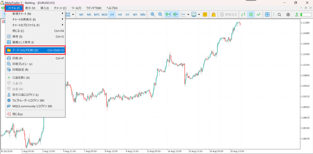 MT5で「ファイル」メニューを開き、「データフォルダを開く」を選択する手順のスクリーンショット