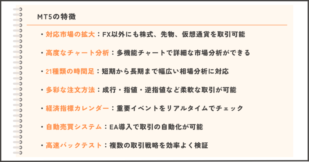 MT5の主な特徴：多市場対応、チャート分析、自動売買など