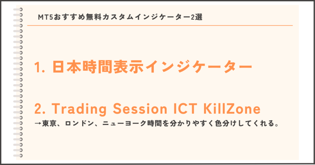 MT5でおすすめの無料カスタムインジケーター2選：日本時間表示インジケーター、Trading Session ICT KillZone