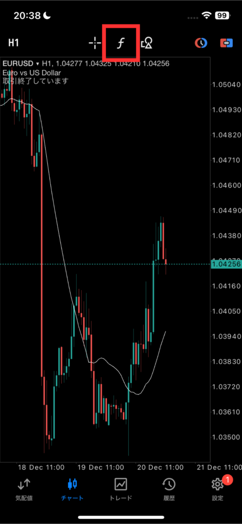 MT5スマホ版で「f」マークをタップし、インジケーターを消去する手順のスクリーンショット