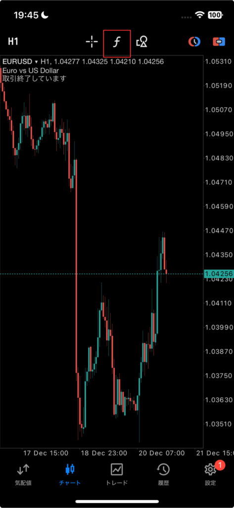 MT5スマホ版で画面上部または下部の「f」マーク（インジケーターアイコン）をタップする手順のスクリーンショット
