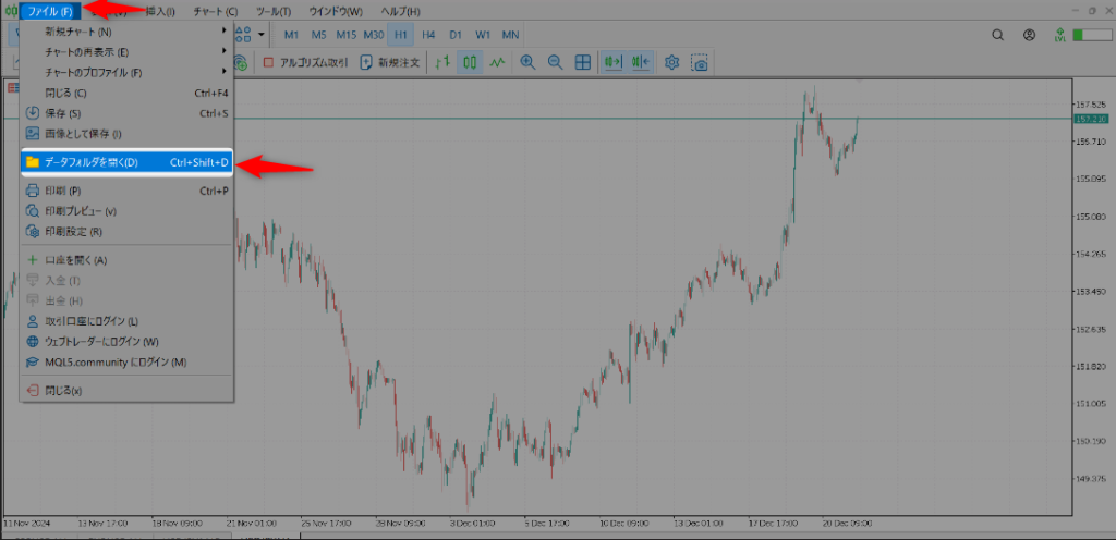MT5の「ファイル」メニューから「データフォルダを開く」をクリックする手順