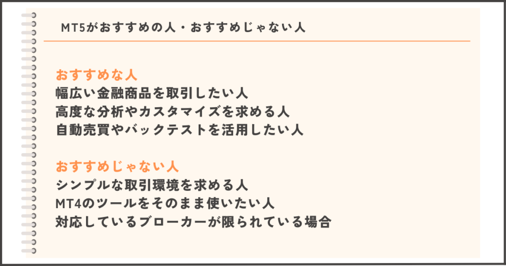 MT5がおすすめな人とおすすめではない人の特徴や選び方