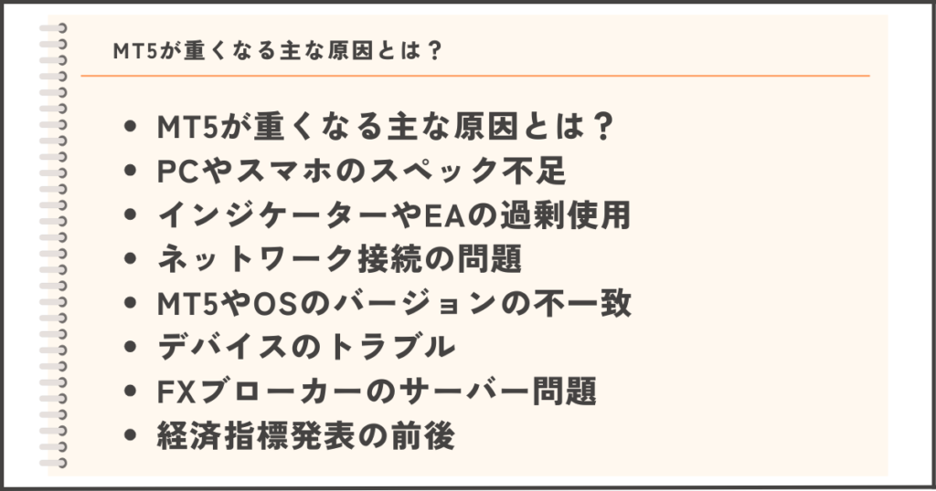 MT5が重くなる主な原因をリスト化した画像。スペック不足やインジケーターの過剰使用、ネットワーク接続の問題などを箇条書きで説明。