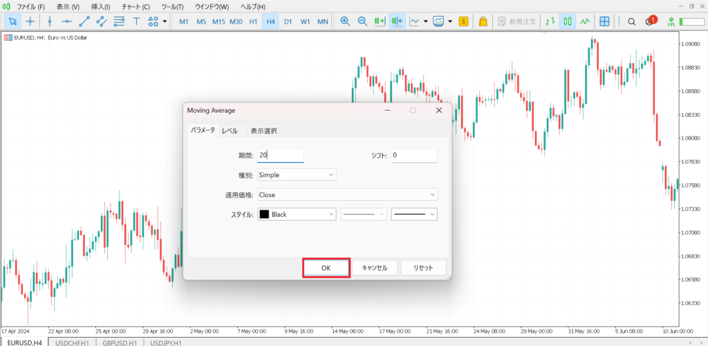 MT5で移動平均線のパラメーターを設定し完了する手順の画像