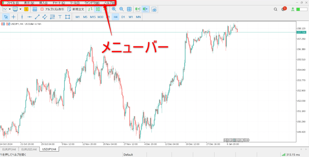 MT5メニューバーの概要を示した画像