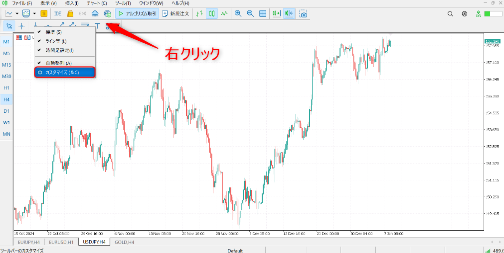 MT5のツールバー上で右クリックしてカスタマイズメニューを開く操作画面（手順1）