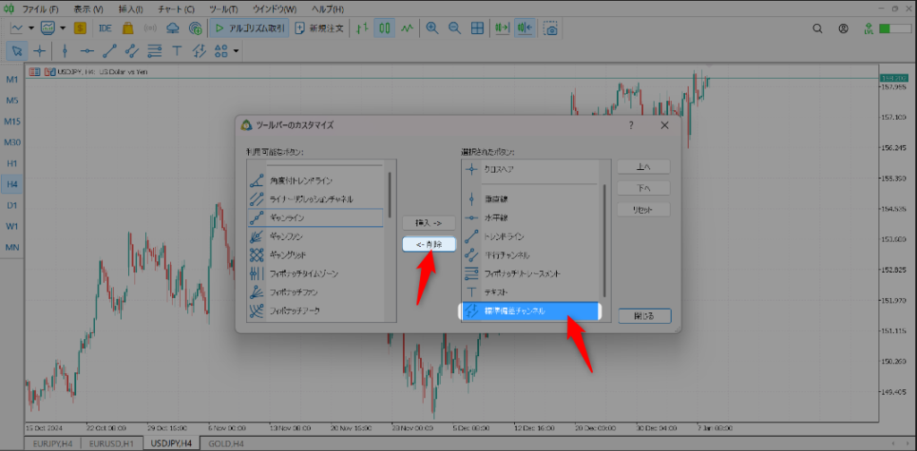 MT5のカスタマイズウィンドウでツールバーからボタンを削除する操作画面（手順4）