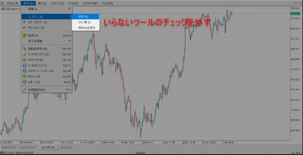 MT5で非表示にしたいツールバーのチェックを外している操作画面