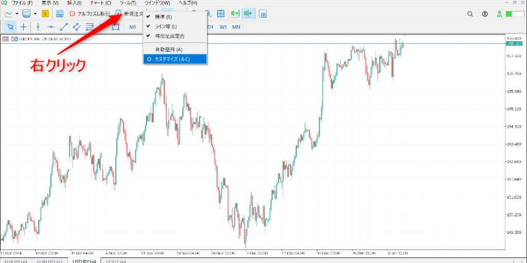 MT5のツールバー上で右クリックしてカスタマイズメニューを開く操作画面（手順1）