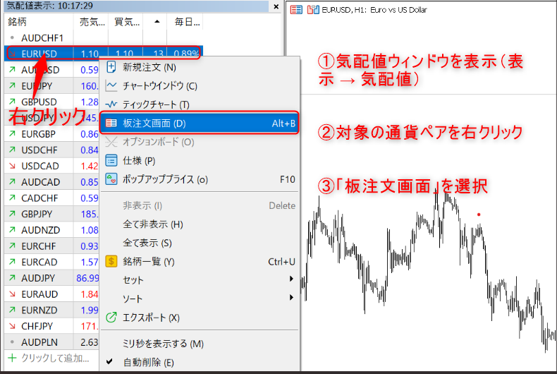 MT5 PC版で気配値ウィンドウから板注文画面を開く手順を示す画面キャプチャ